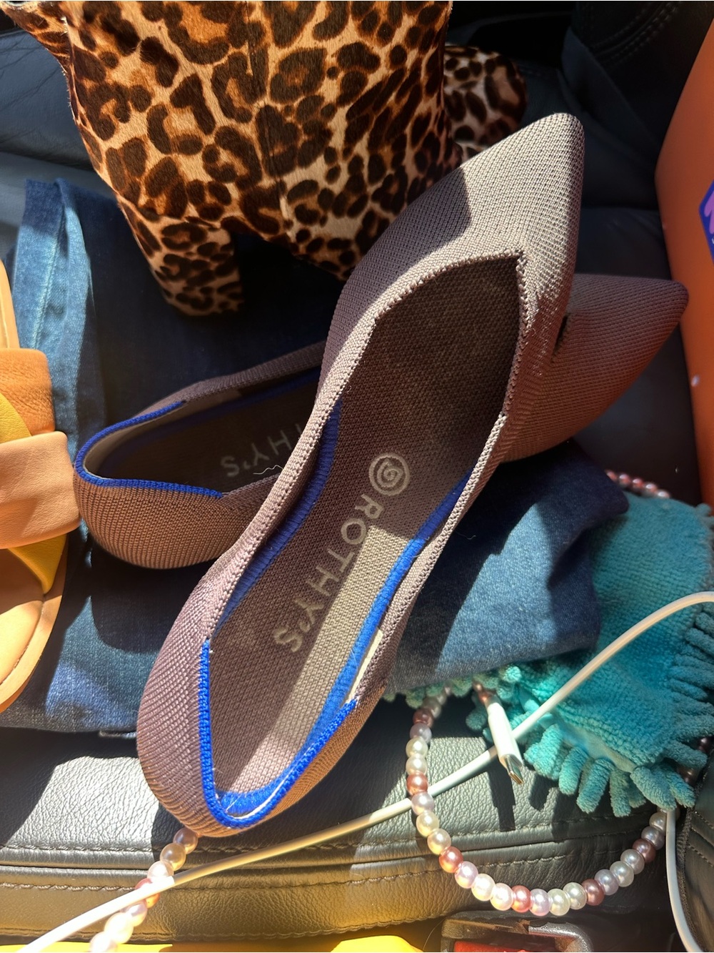 Rothy's Brown Pointed Toe Flats with Blue Trim